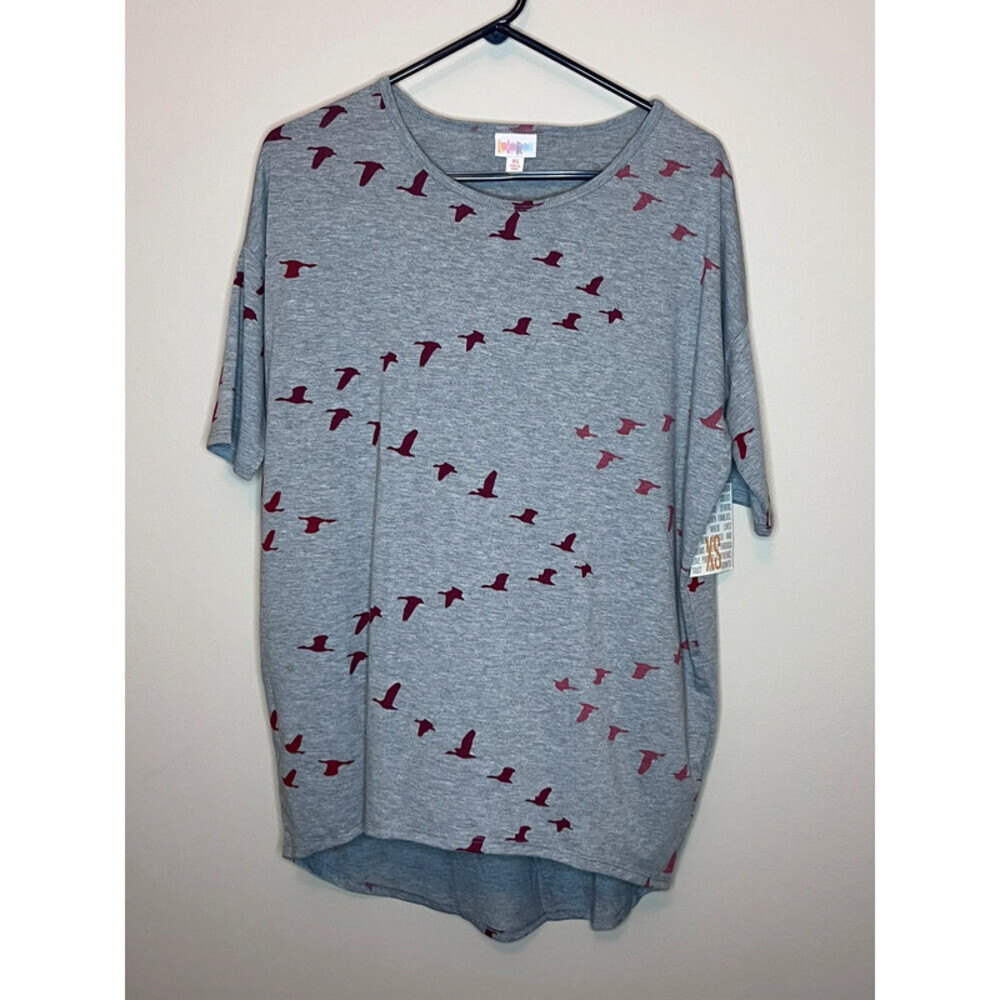 LuLaRoe Irma Tunic Top XS Gray Bird Print High Low Hem Oversized